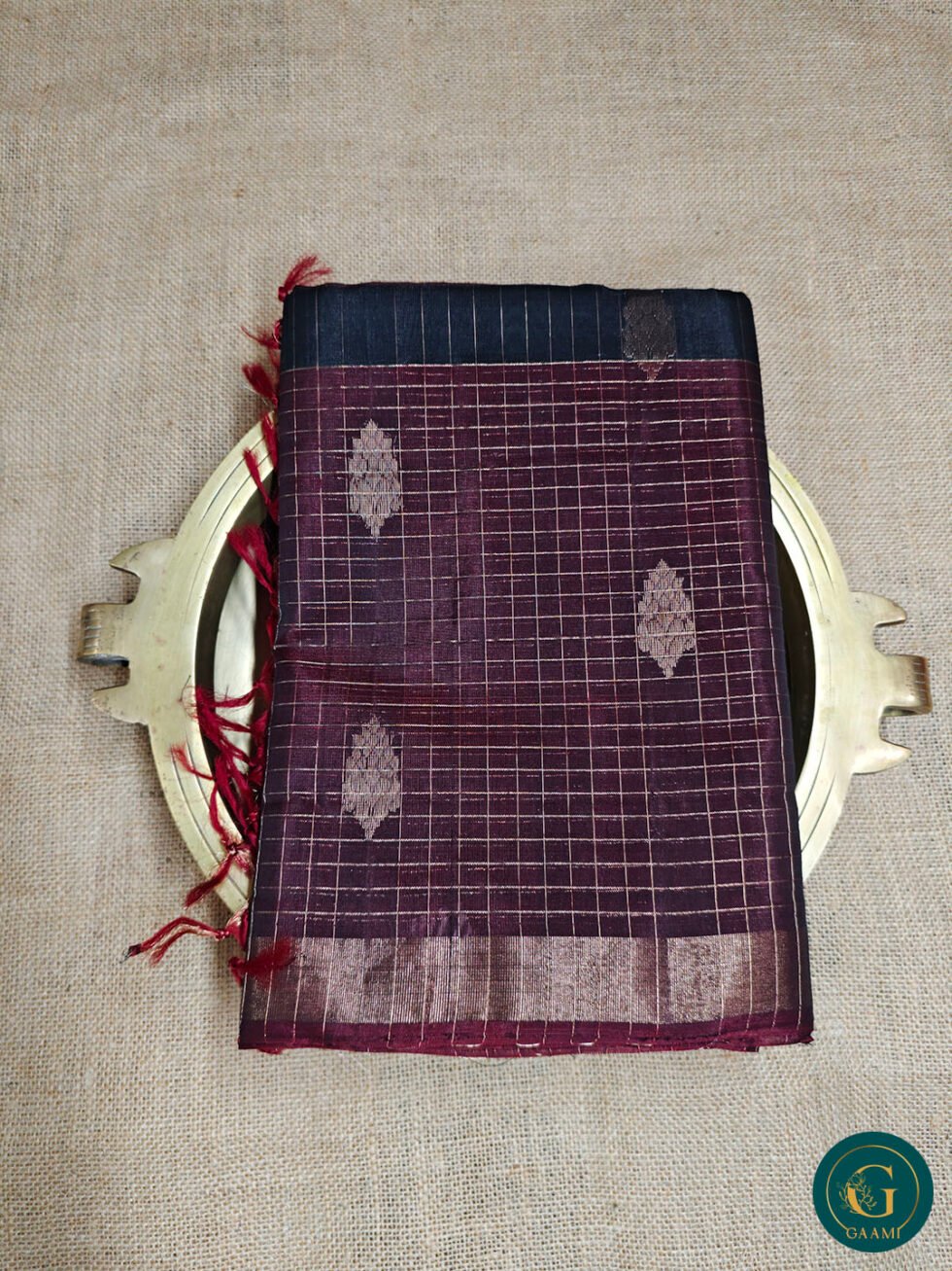 Kora Silk Cotton Saree – Black Body with Wine Red Border, Checked Zari & Floral Buttas