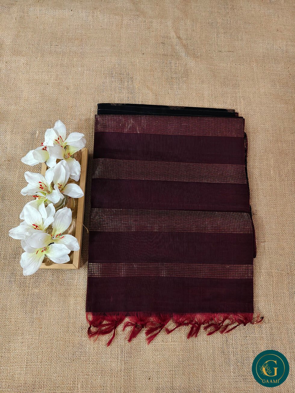 Kora Silk Cotton Saree – Black Body with Wine Red Border, Checked Zari & Floral Buttas