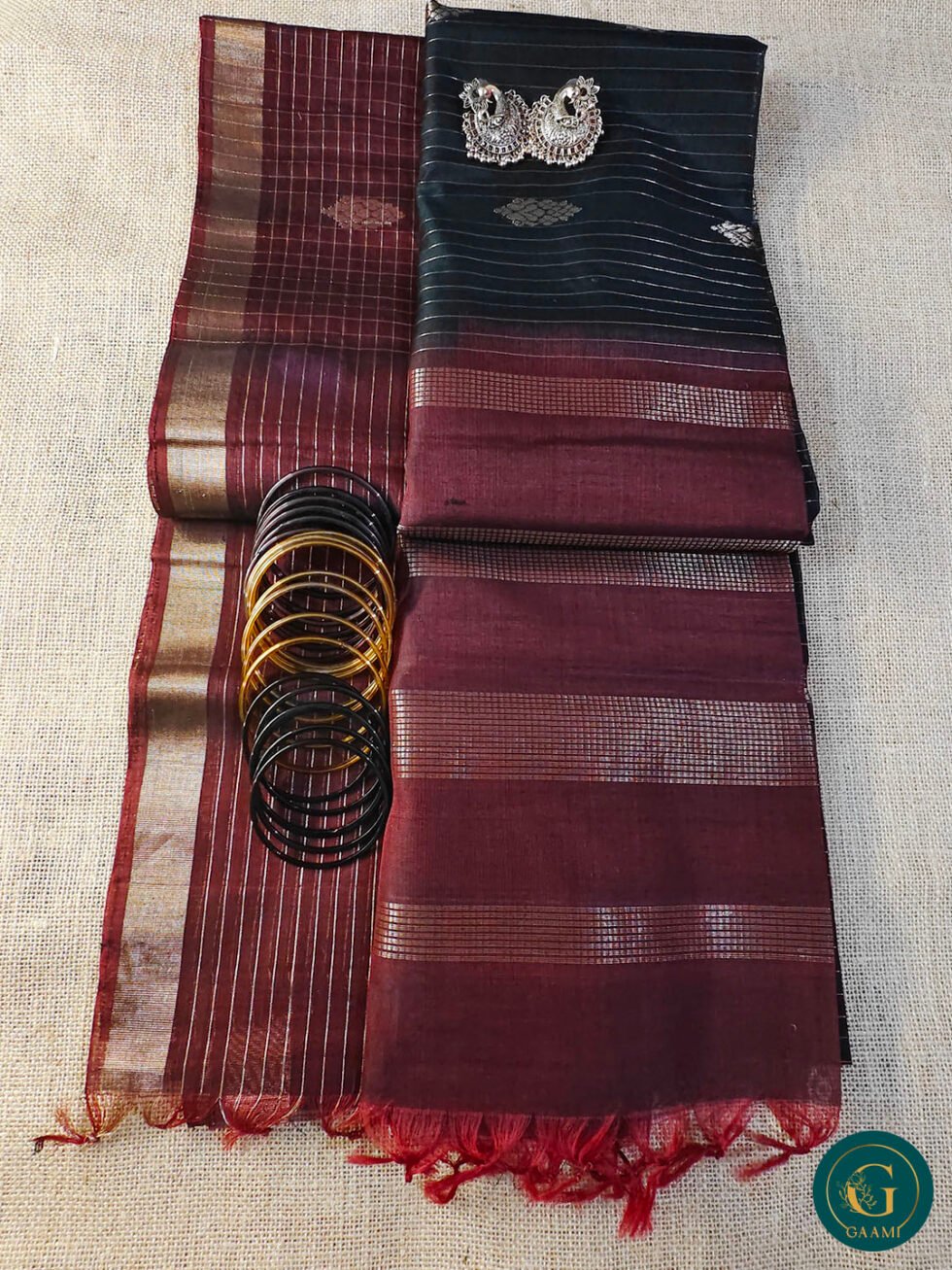 Kora Silk Cotton Saree – Black Body with Wine Red Border, Checked Zari & Floral Buttas