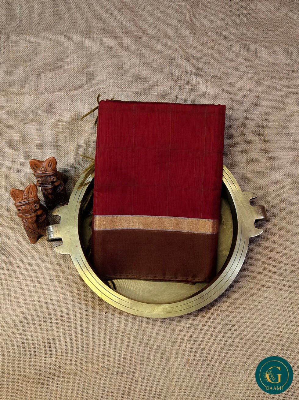 Kora Silk Cotton Saree – Red Checked Body with Brown Border & Zari, Red and Green Lined Pallu