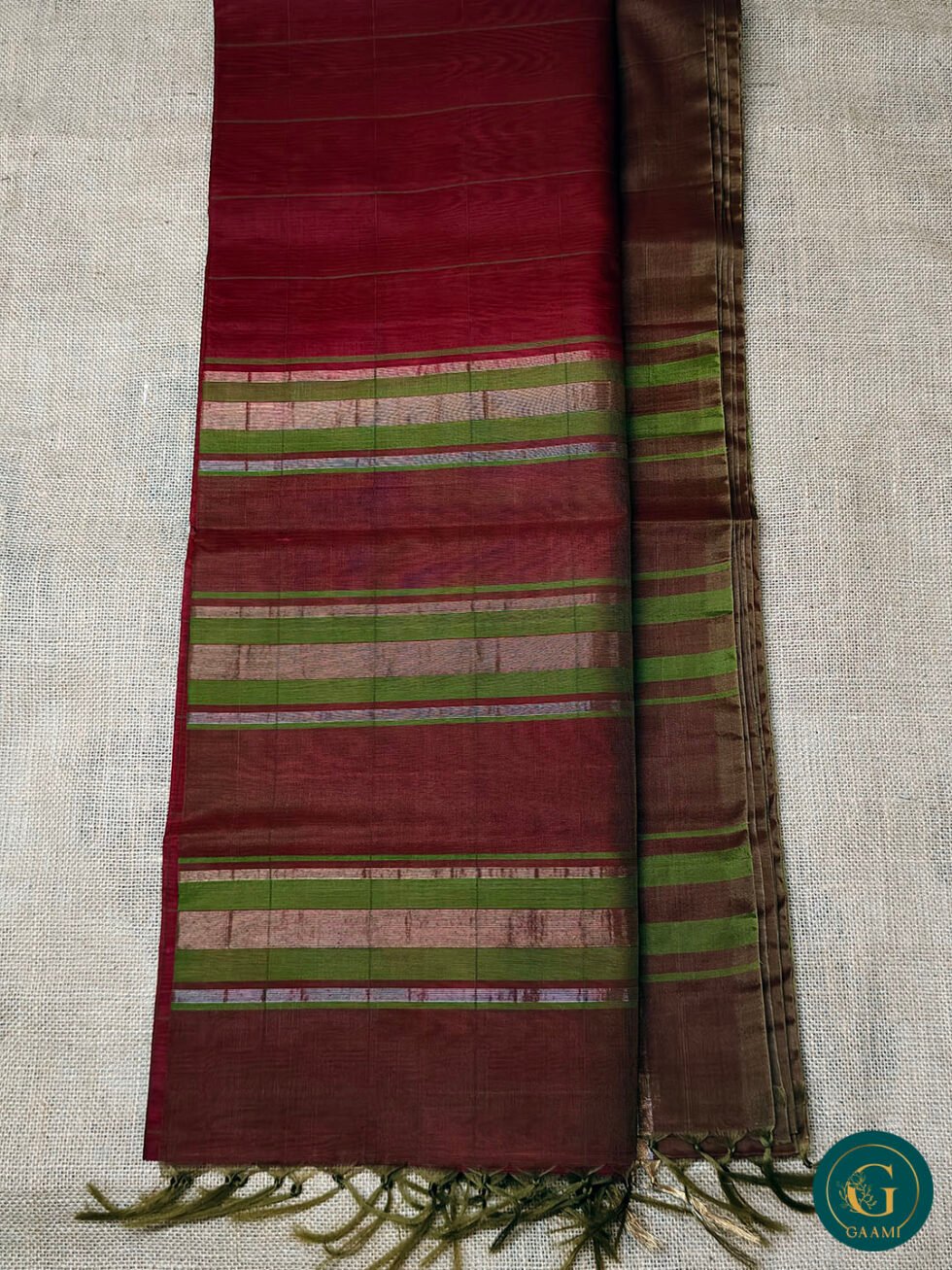 Kora Silk Cotton Saree – Red Checked Body with Brown Border & Zari, Red and Green Lined Pallu