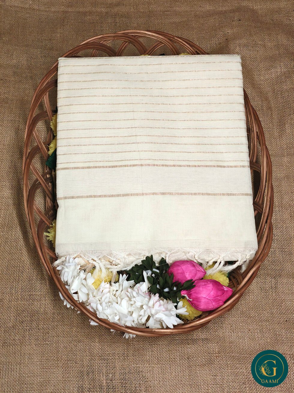 Handloom Cotton Saree – White with Subtle Golden Zari Lines and Gold Zari Border