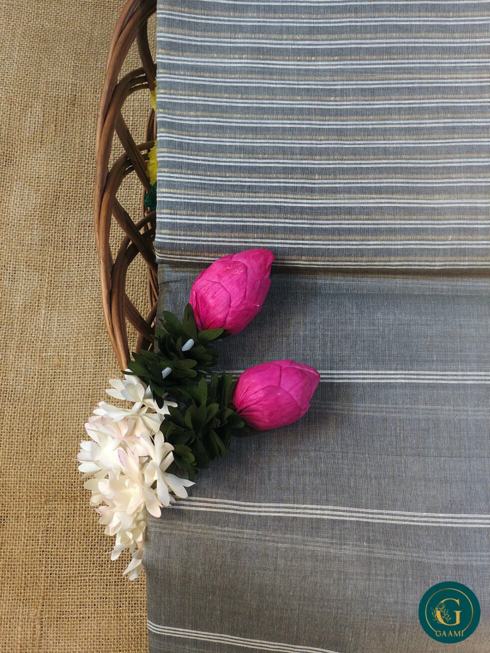 Handloom Cotton Saree – Grey with White Stripes and Golden Zari Pallu