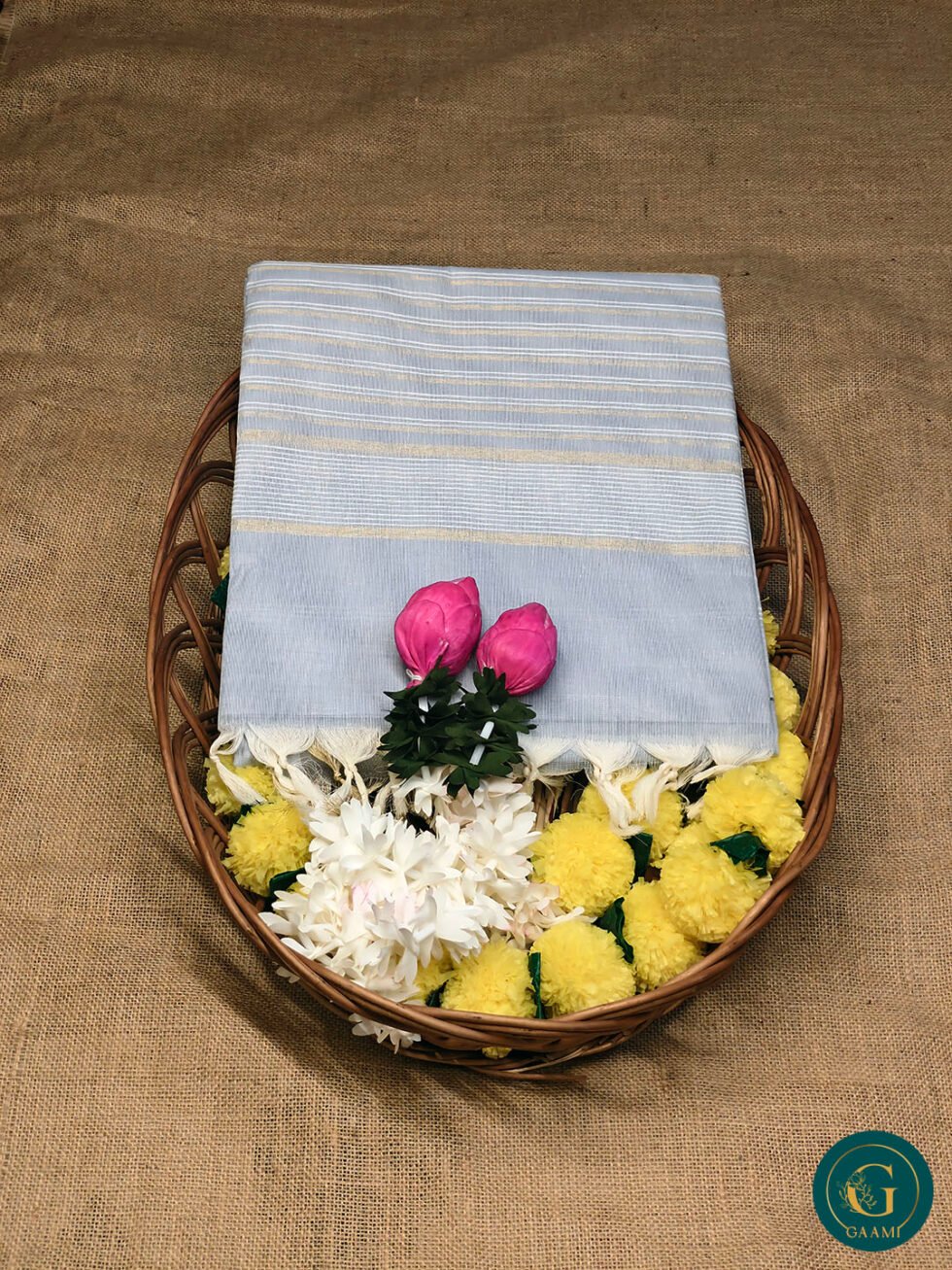 Handloom Cotton Saree – Baby Blue with Gold Zari Border and Subtle Stripes