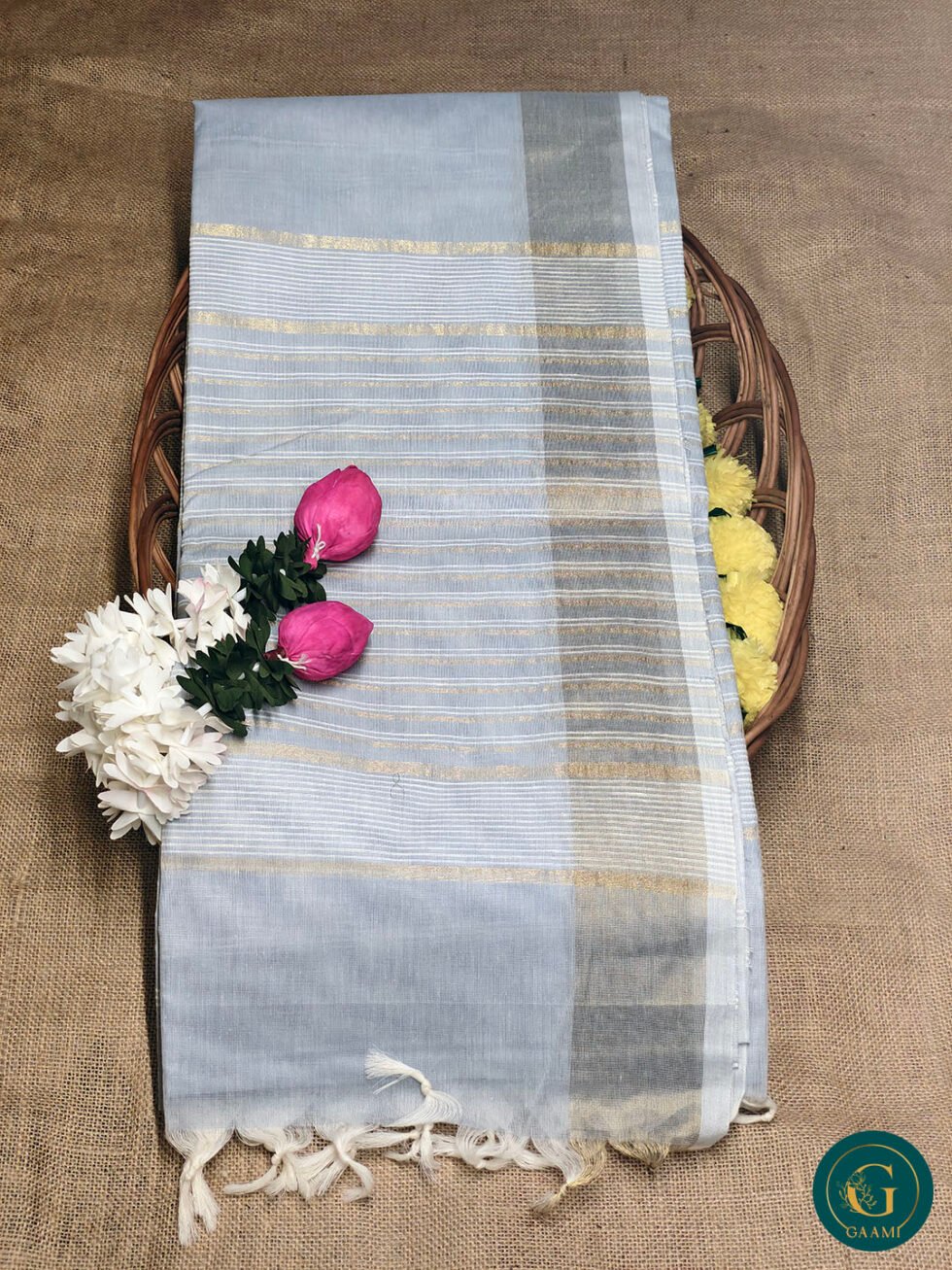 Handloom Cotton Saree – Baby Blue with Gold Zari Border and Subtle Stripes