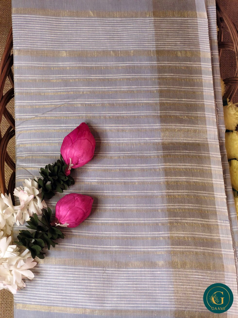 Handloom Cotton Saree – Baby Blue with Gold Zari Border and Subtle Stripes