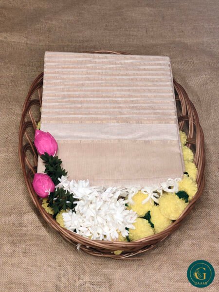 Handloom Cotton Saree – Peach with Gold-Peach Border and Elegant Striped Pallu