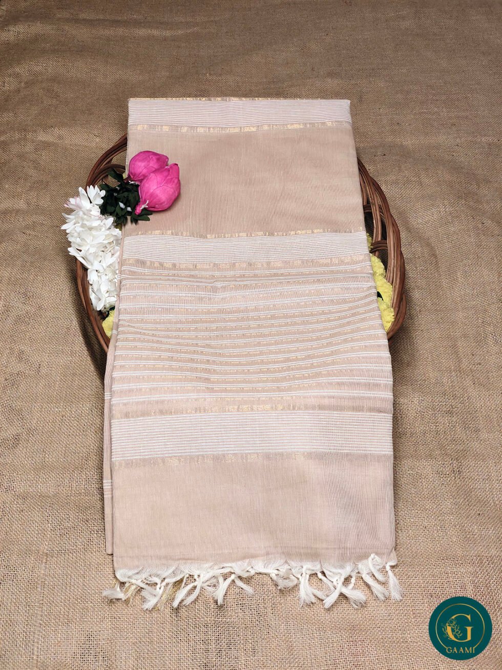 Handloom Cotton Saree – Peach with Gold-Peach Border and Elegant Striped Pallu
