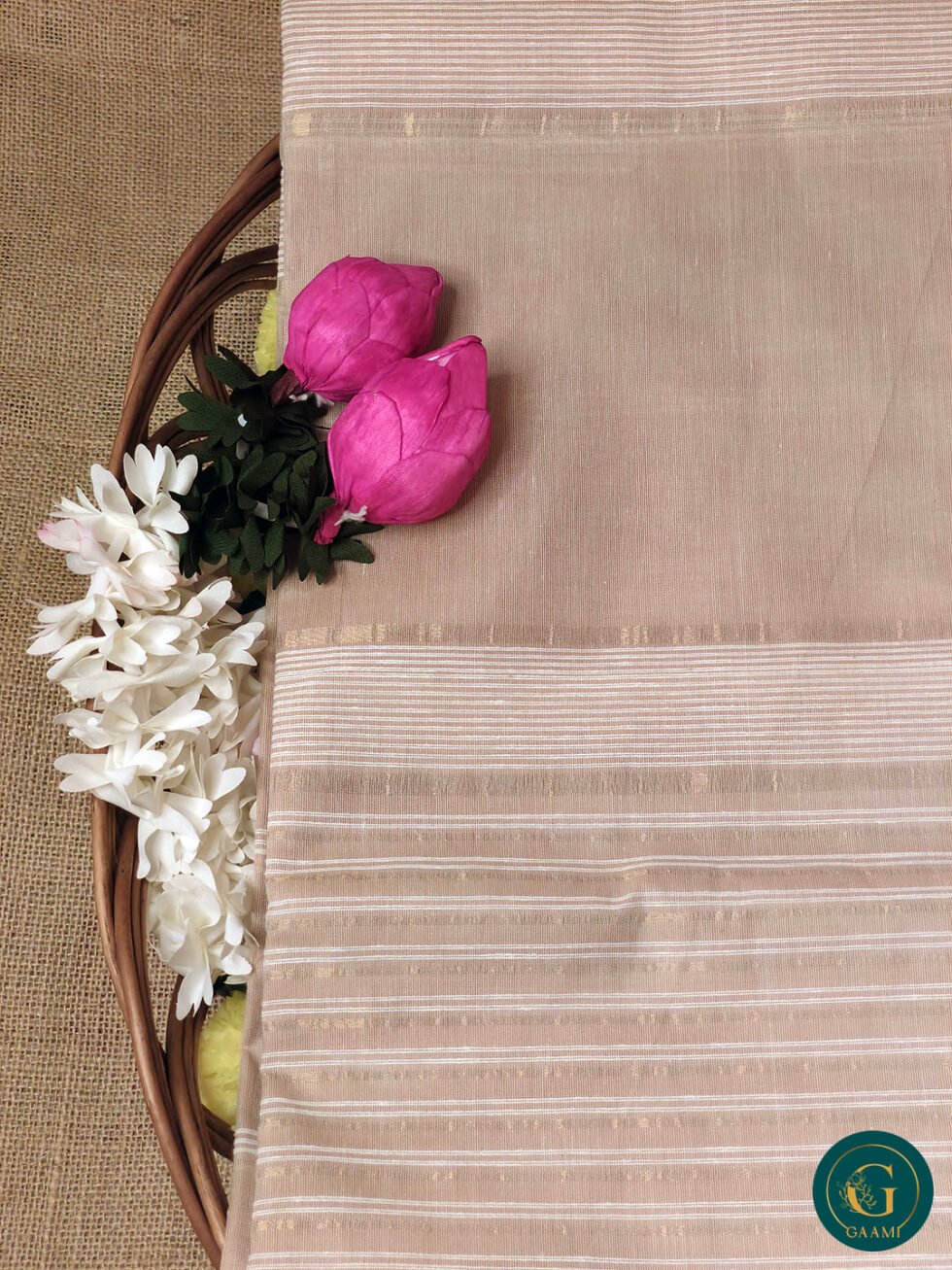 Handloom Cotton Saree – Peach with Gold-Peach Border and Elegant Striped Pallu