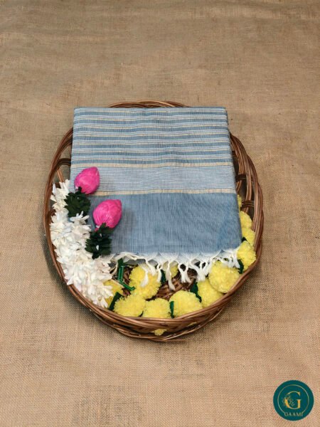 Handloom Cotton Saree – Cement Grey with White Lines and Gold-Grey Border