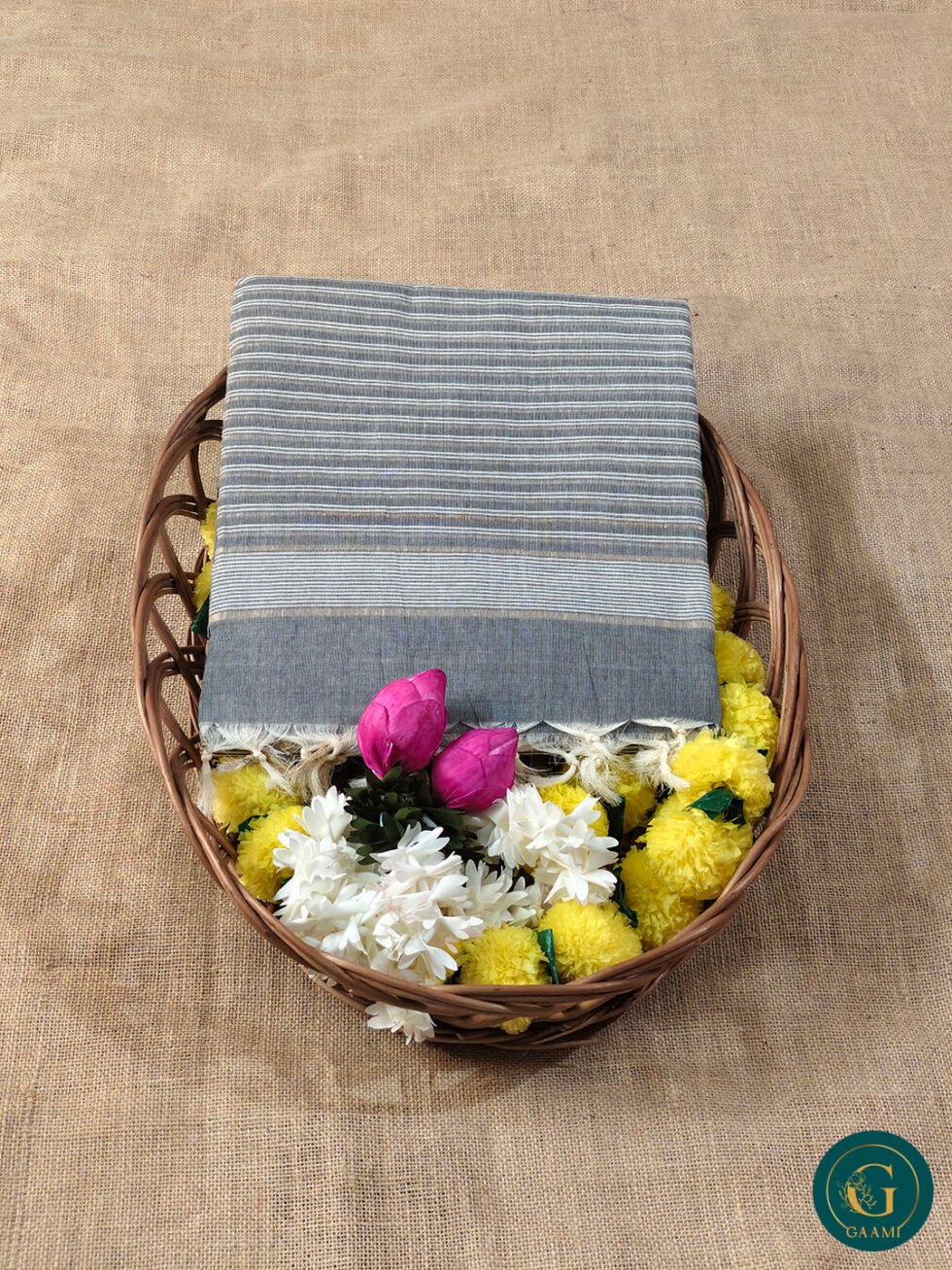 Handloom Cotton Saree – Grey with White Stripes and Golden Zari Pallu