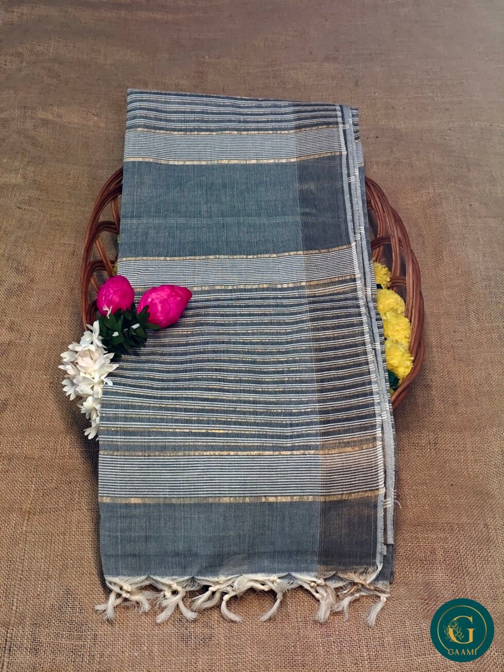 Handloom Cotton Saree – Grey with White Stripes and Golden Zari Pallu