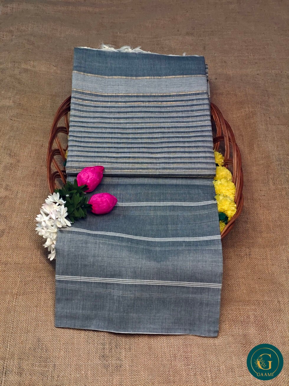Handloom Cotton Saree – Grey with White Stripes and Golden Zari Pallu