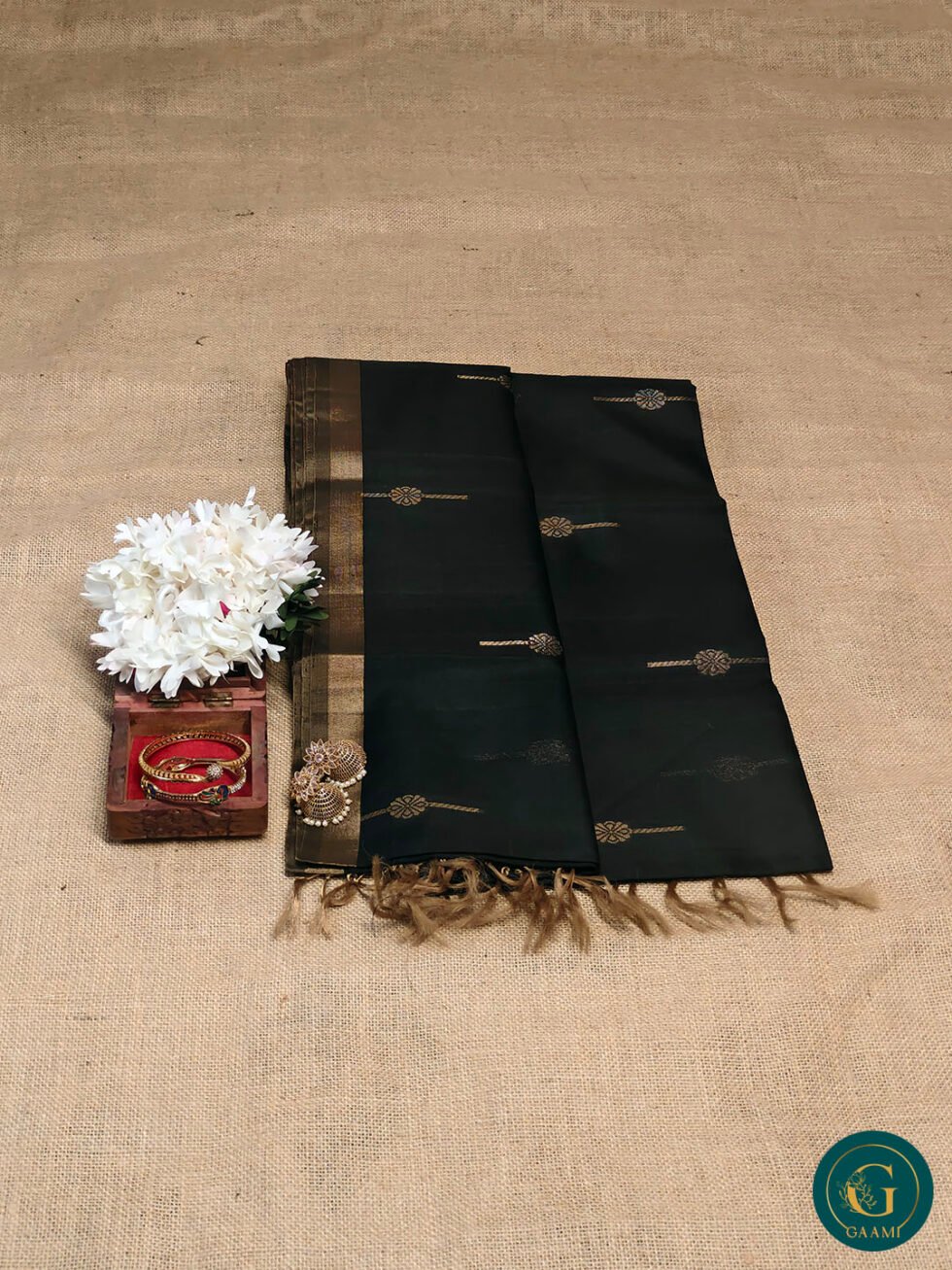 Kora Silk Cotton Saree – Black with Floral Butta and Golden Zari Border
