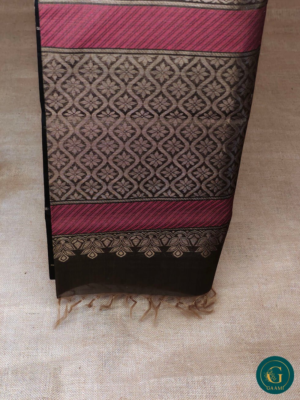 Kora Silk Cotton Saree – Black with Floral Butta and Golden Zari Border
