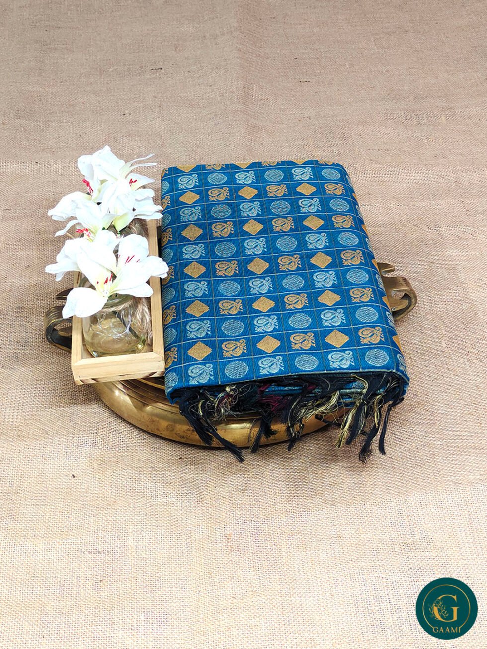 Handloom Cotton Saree – Blue Checked Body with 1000 Butta and Rudraksha Border