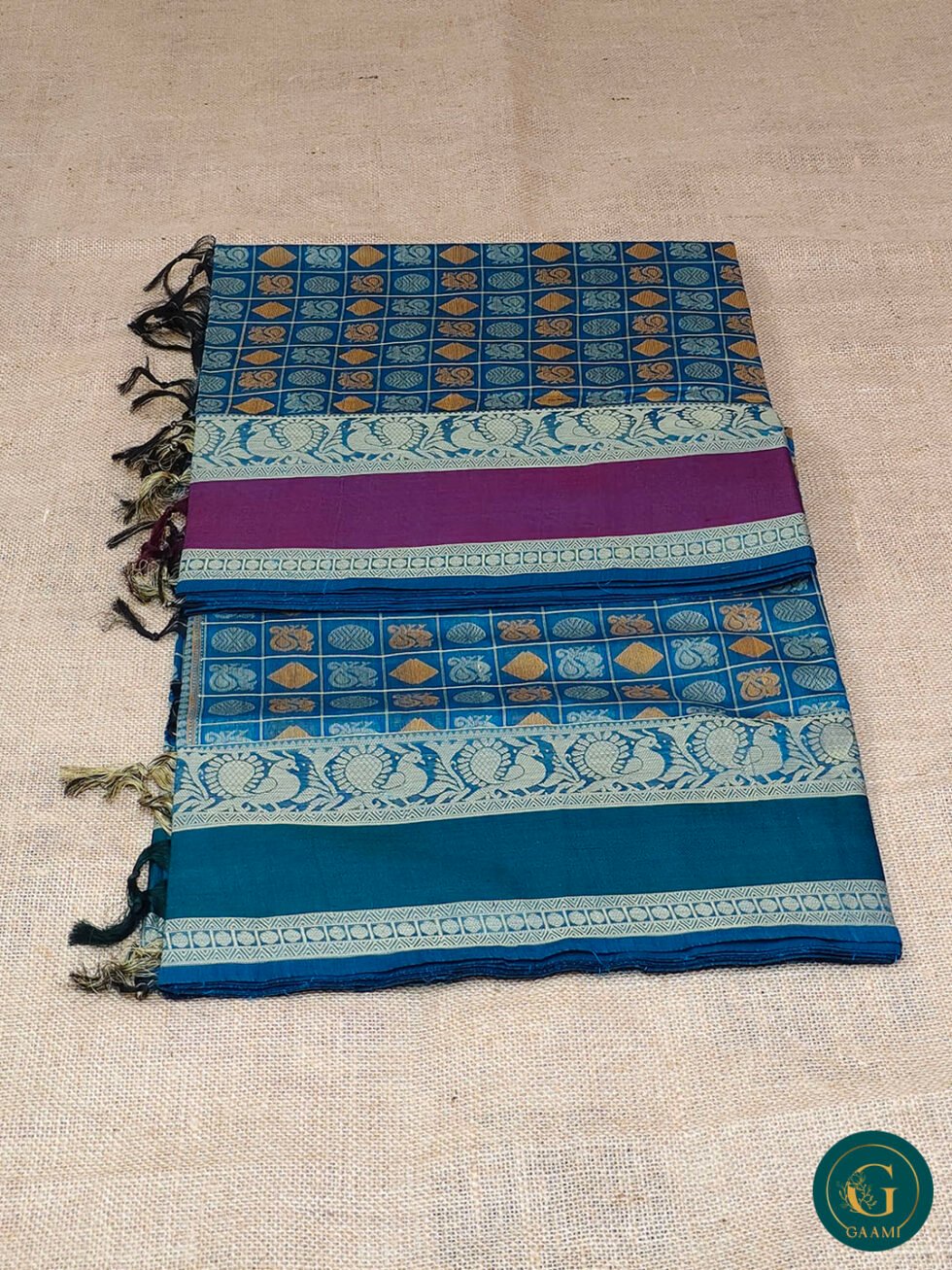 Handloom Cotton Saree – Blue Checked Body with 1000 Butta and Rudraksha Border