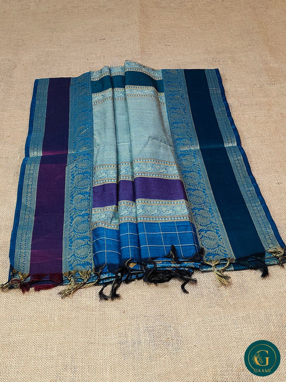 Handloom Cotton Saree – Blue Checked Body with 1000 Butta and Rudraksha Border
