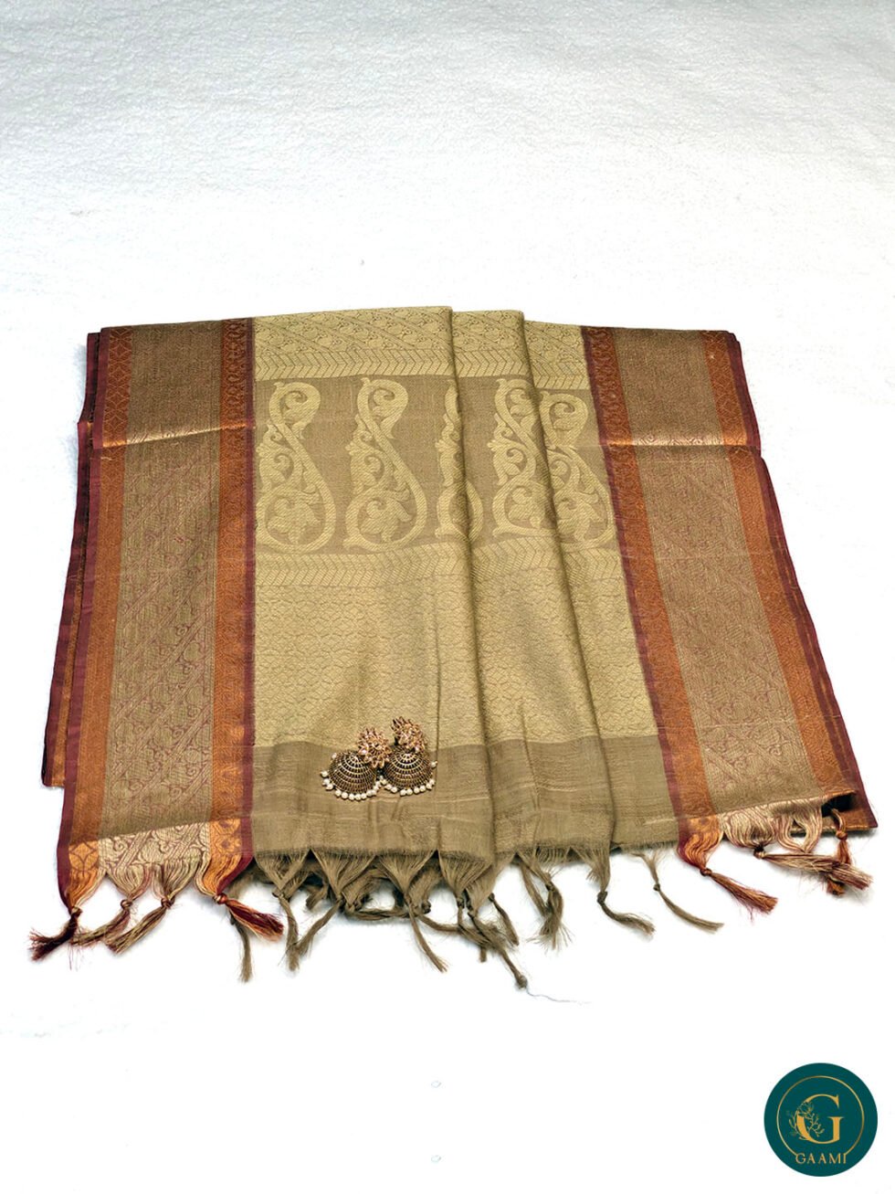 Handloom Cotton Saree – Sandal with Orange & Peach Thread Work Border