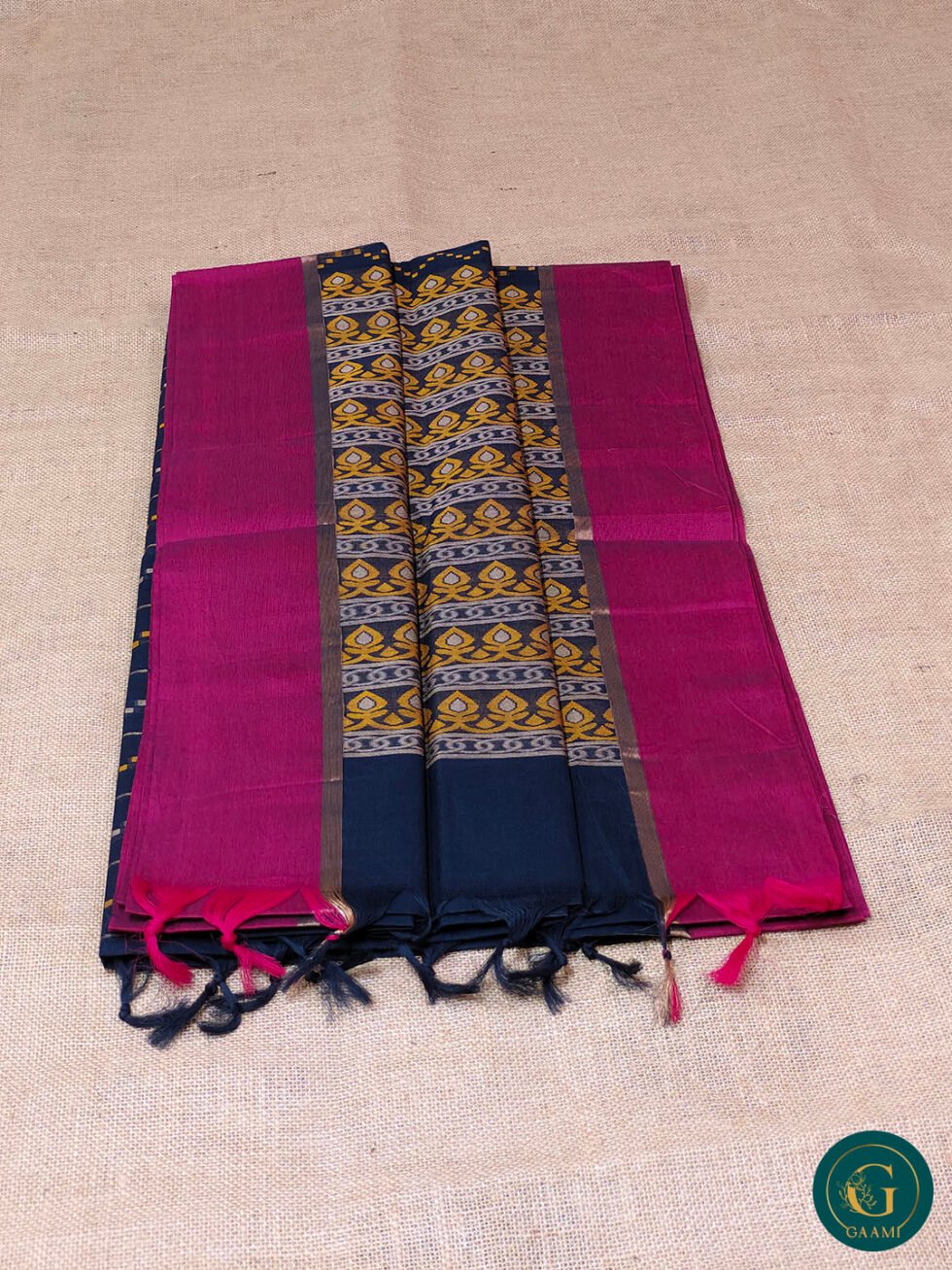 Handloom Cotton Saree – Blue with Zig-Zag Thread Work and Magenta Border