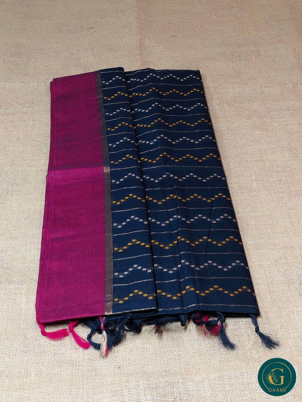 Handloom Cotton Saree – Blue with Zig-Zag Thread Work and Magenta Border