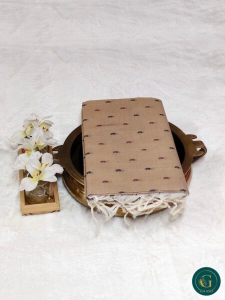 Handloom Cotton Saree – Sandal with Black & Red Mango Buttas