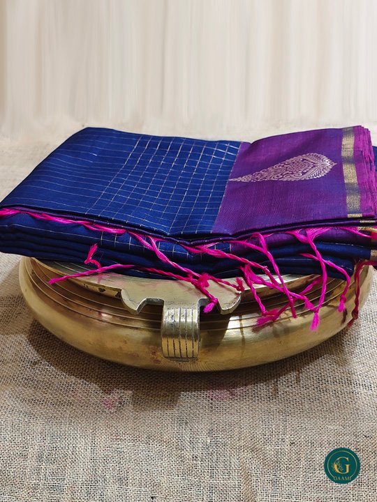 Kora Silk Cotton Saree in deep navy blue, accented by a rich magenta border and pallu