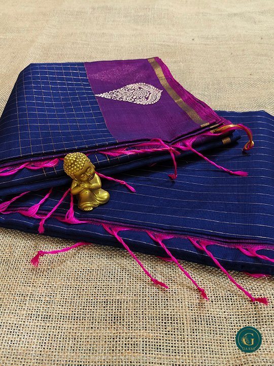 Kora Silk Cotton Saree in deep navy blue, accented by a rich magenta border and pallu