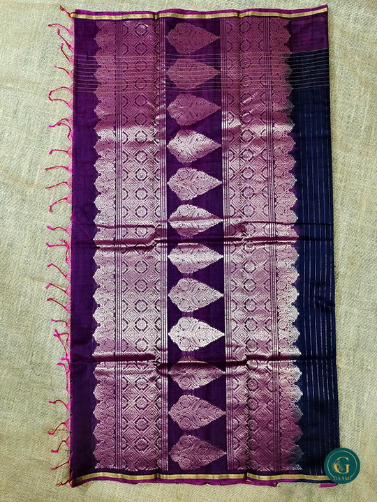 Kora Silk Cotton Saree in deep navy blue, accented by a rich magenta border and pallu