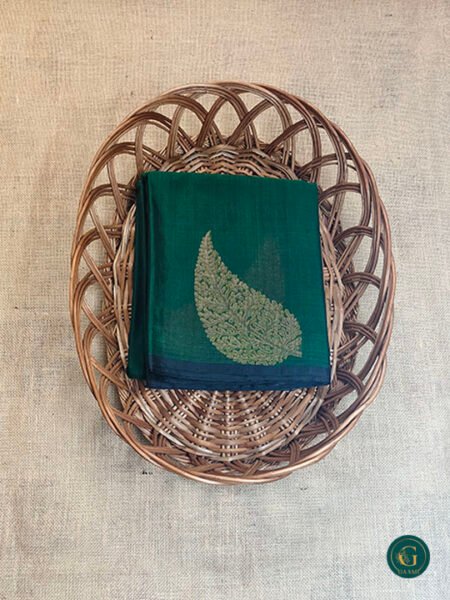Kora Silk Cotton Saree in Bottle Green Color with Black Pallu, Leaf Butta, and No Border