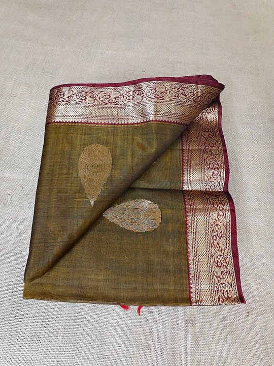Kora Silk Cotton Saree – Moongdal Green with Wine Red Border & Pallu