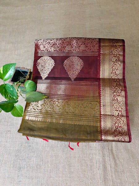 Kora Silk Cotton Saree – Moongdal Green with Wine Red Border & Pallu