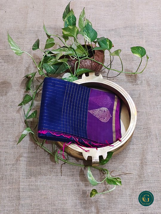 Kora Silk Cotton Saree in deep navy blue, accented by a rich magenta border and pallu