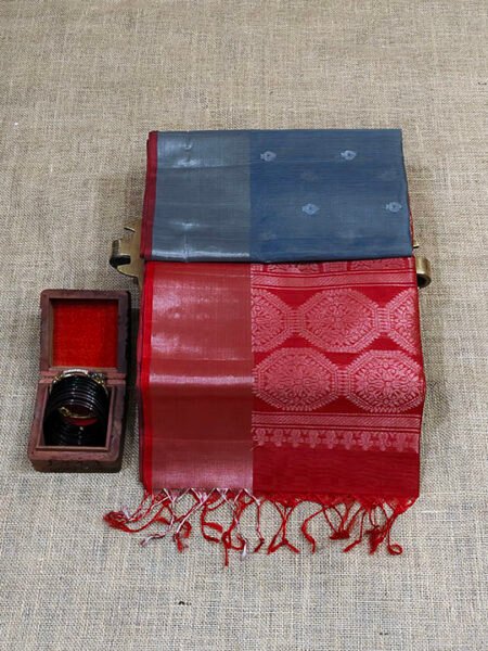 Kora Silk Cotton Saree in Cement Grey with Silver Zari, Motifs & Vine Red Pallu. Pure Silk+Cotton