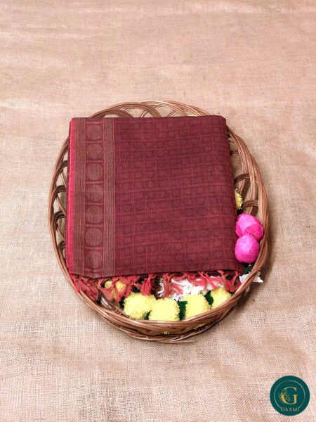 Handloom Cotton Saree – Deep Maroon with 1000 Butta, Pink Pallu & Rudraksha Border
