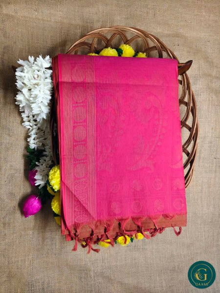 Handloom Cotton Saree – Brown with 1000 Butta, Pink Pallu & Rudraksha Border