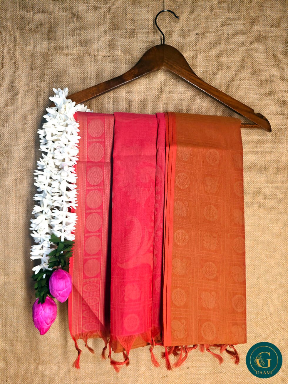 Handloom Cotton Saree – Brown with 1000 Butta, Pink Pallu & Rudraksha Border
