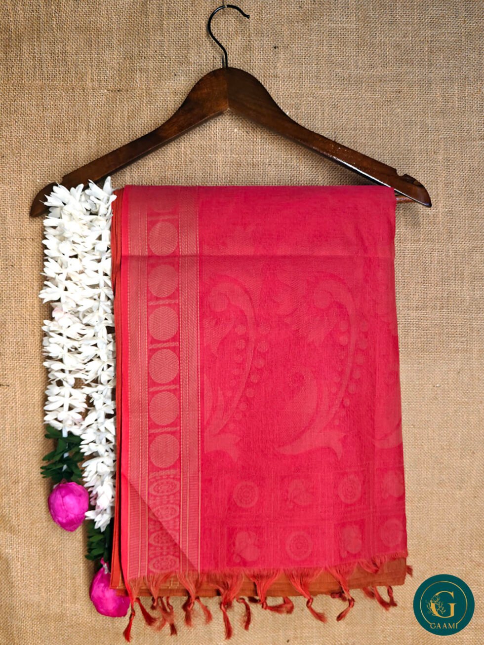 Handloom Cotton Saree – Brown with 1000 Butta, Pink Pallu & Rudraksha Border