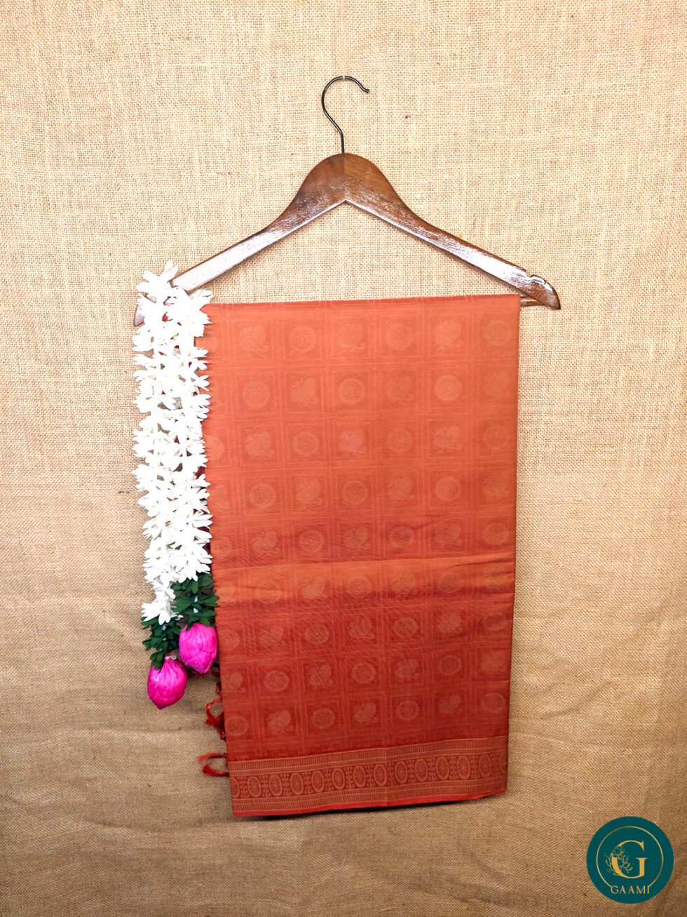 Handloom Cotton Saree – Brown with 1000 Butta, Pink Pallu & Rudraksha Border