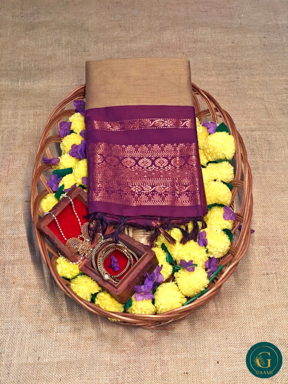 Kalyani Cotton Saree – Khaki with Purple Border