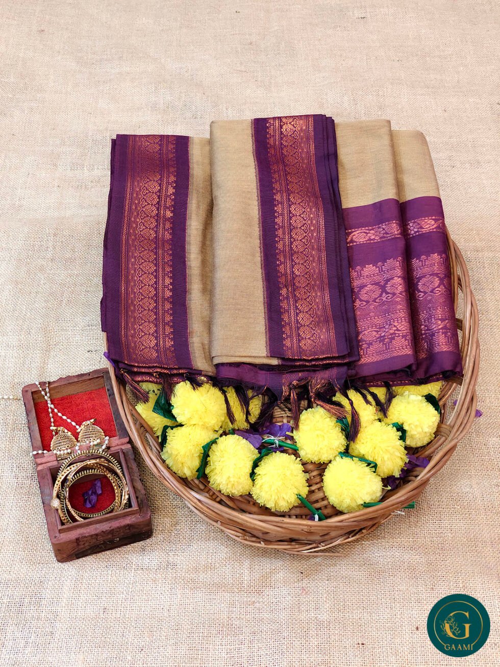 Kalyani Cotton Saree – Khaki with Purple Border