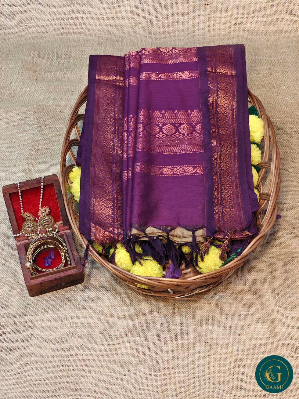 Kalyani Cotton Saree – Khaki with Purple Border