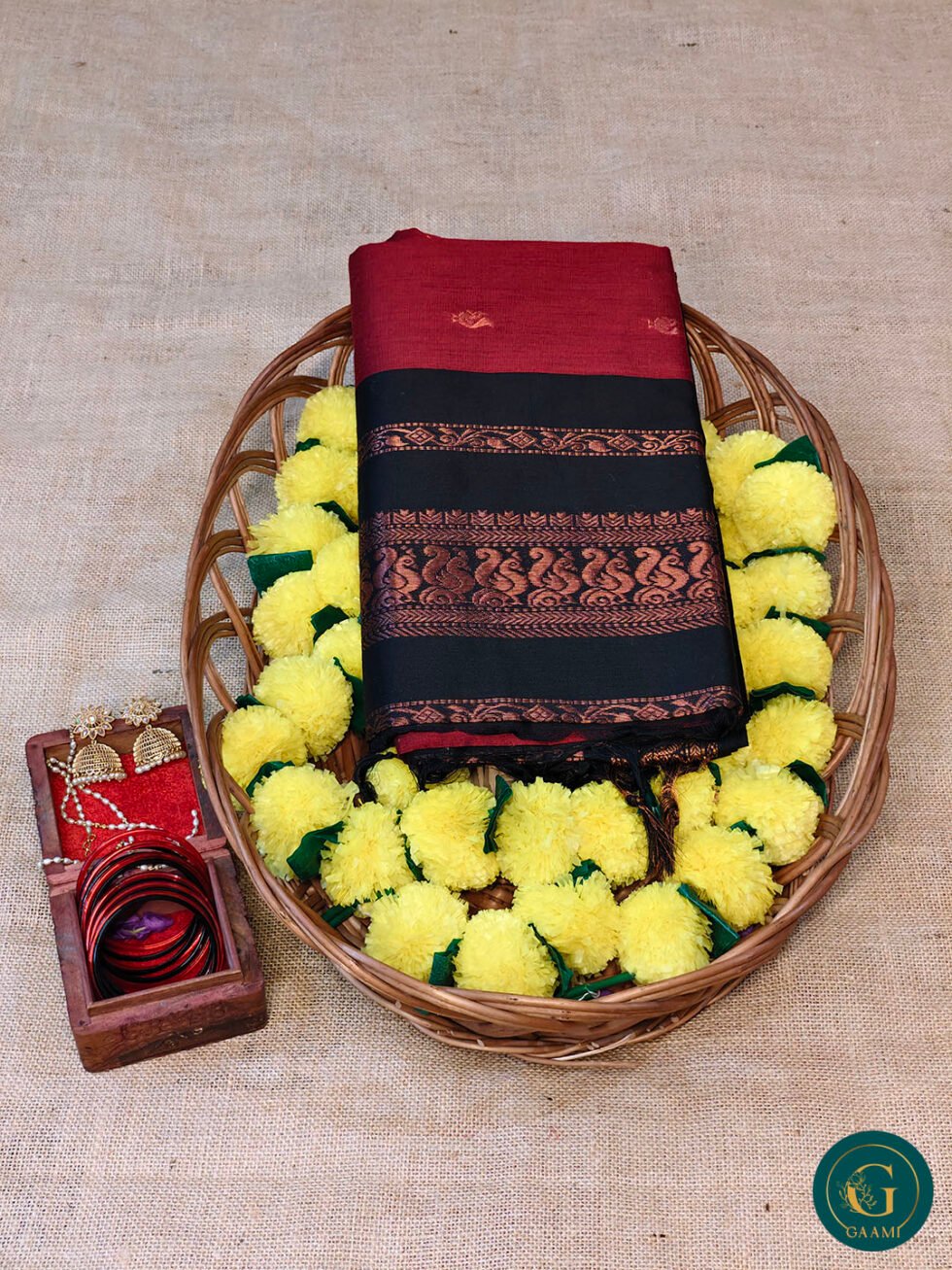 Kalyani Cotton Saree – Red with Black Border