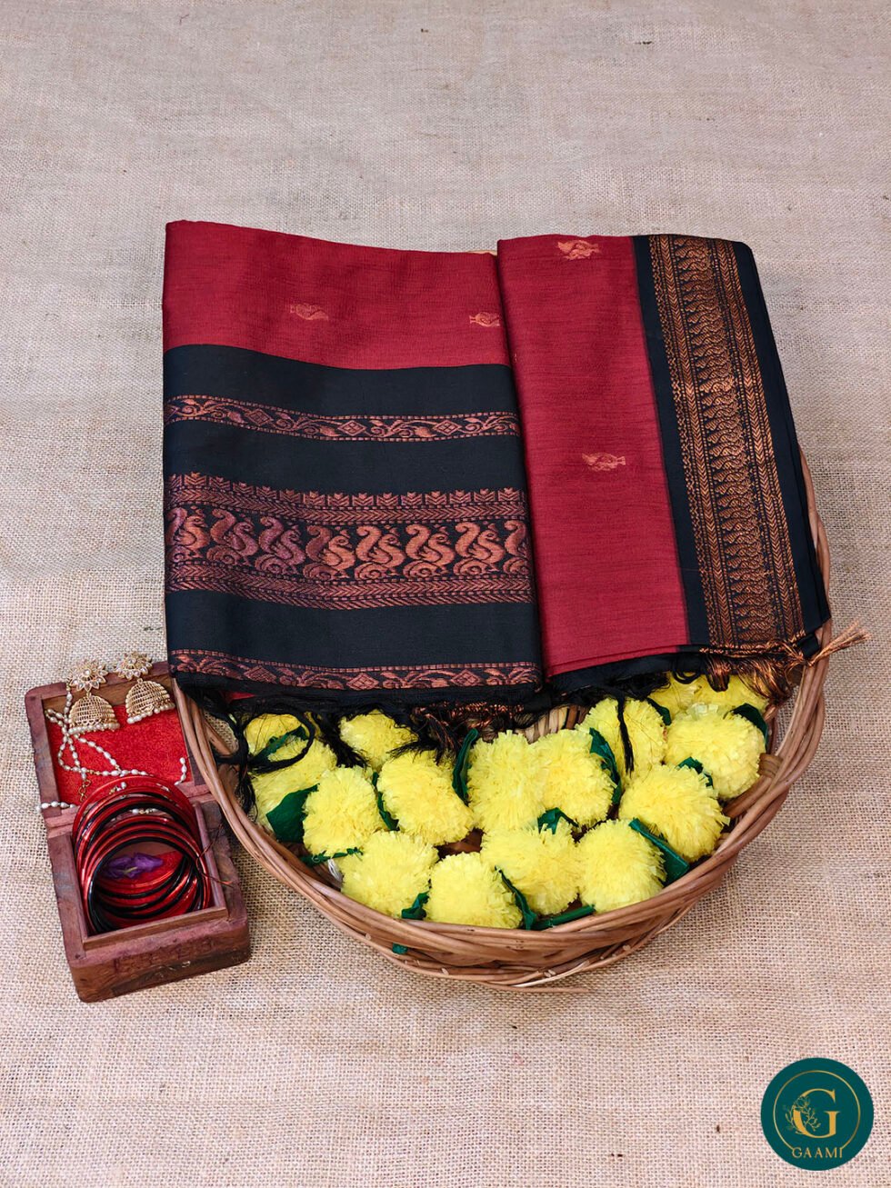 Kalyani Cotton Saree – Red with Black Border