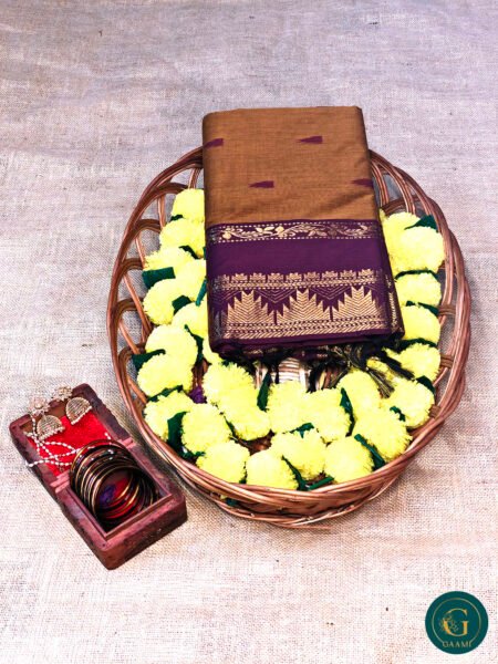 Kalyani Cotton Saree – Brown with Purple Border