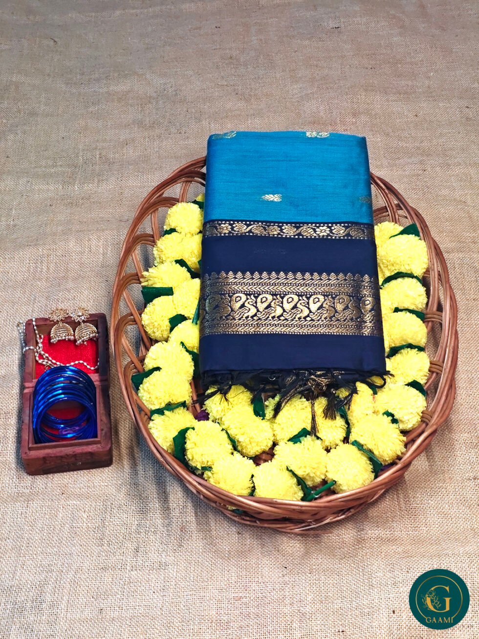 Kalyani Cotton Saree – Blue with Navy Blue Border