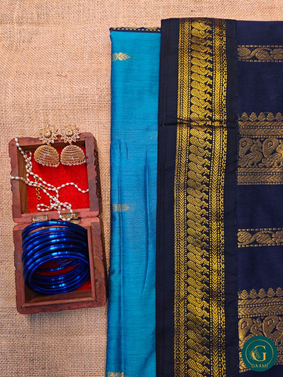 Kalyani Cotton Saree – Blue with Navy Blue Border