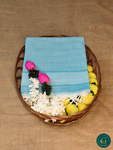 Handloom Cotton Saree – Blue with Silver Zari and White Lines