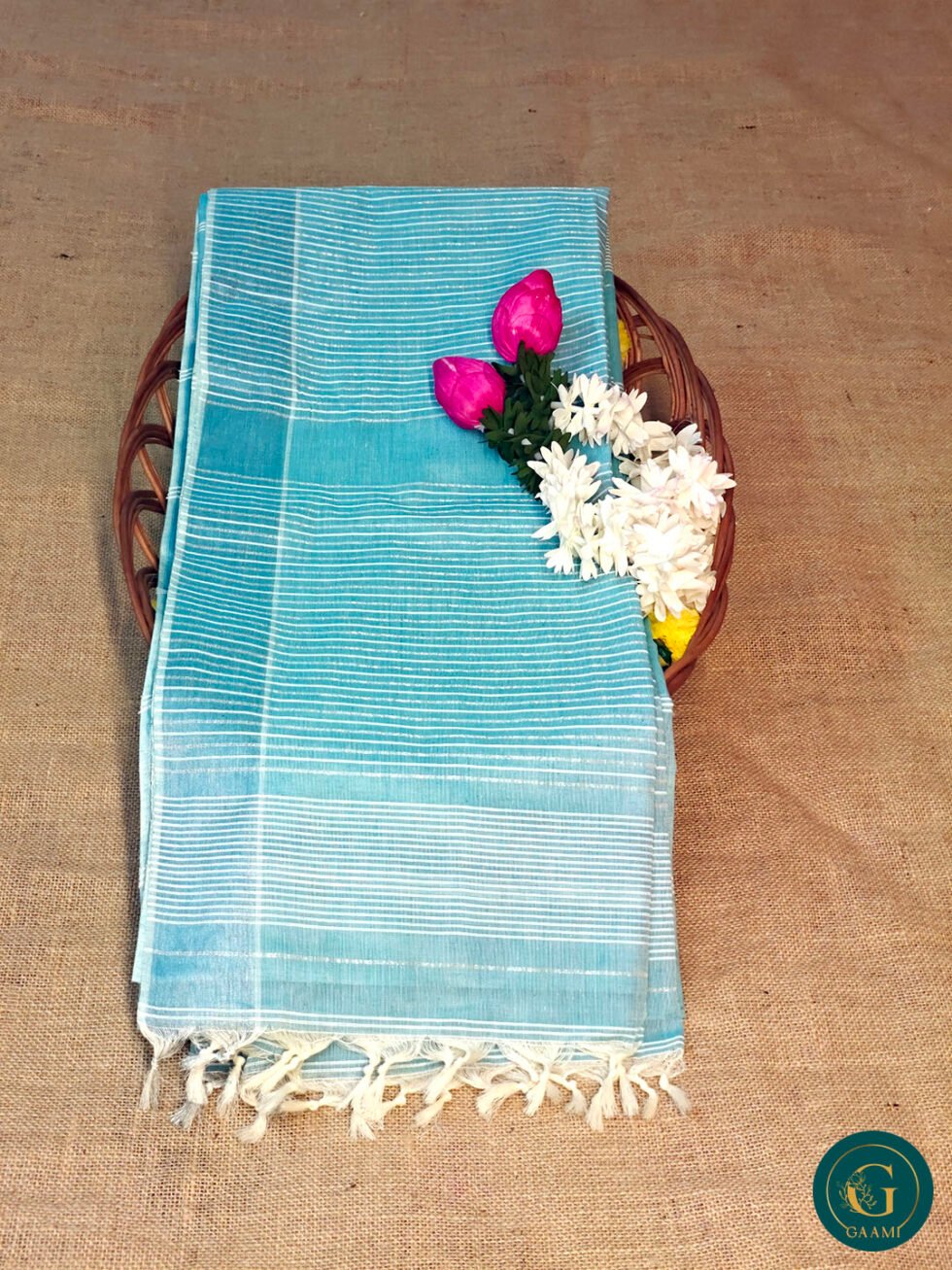 Handloom Cotton Saree – Blue with Silver Zari and White Lines