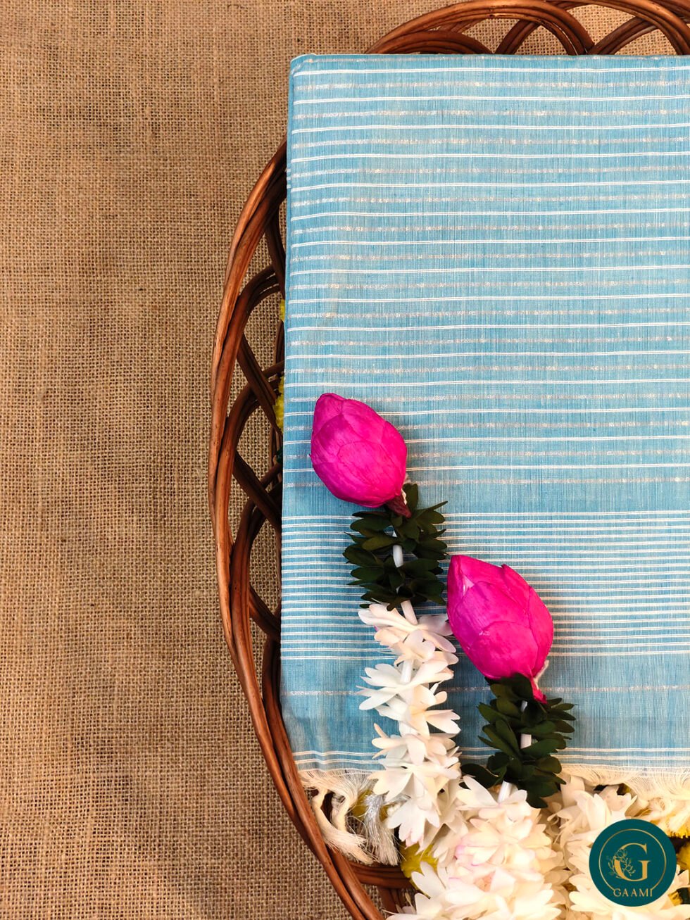 Handloom Cotton Saree – Blue with Silver Zari and White Lines